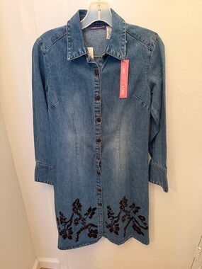 Vintage Denim Long Sleeve Button Down Dress with Embroidered Hem